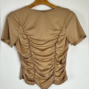 SHEIN Women’s Ruched Ribbed Short Sleeve Top Size Large Tan Stretchy Preowned
